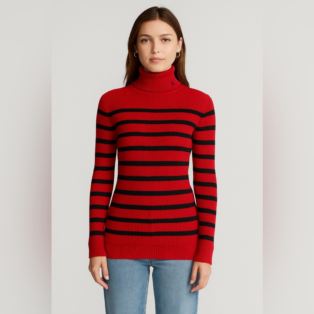 Lauren Ralph Lauren red cotton turtle neck sweater with black stripes, women's M